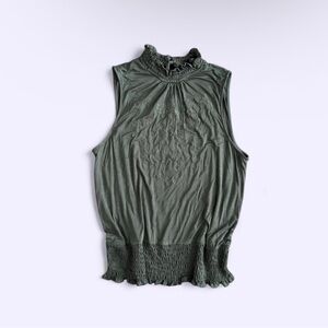 Khaki Green Embroidered Smocked Top Mock Neck Cable Gauge